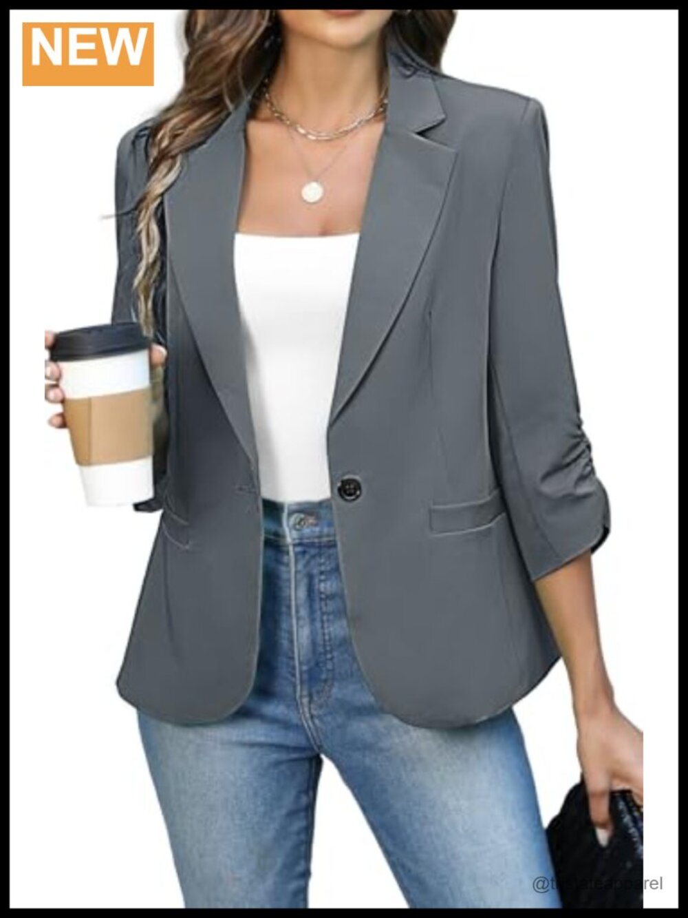 Women's Ruched 3/4 Sleeve Blazer Lightweight Fitted Suit Jacket Office Work